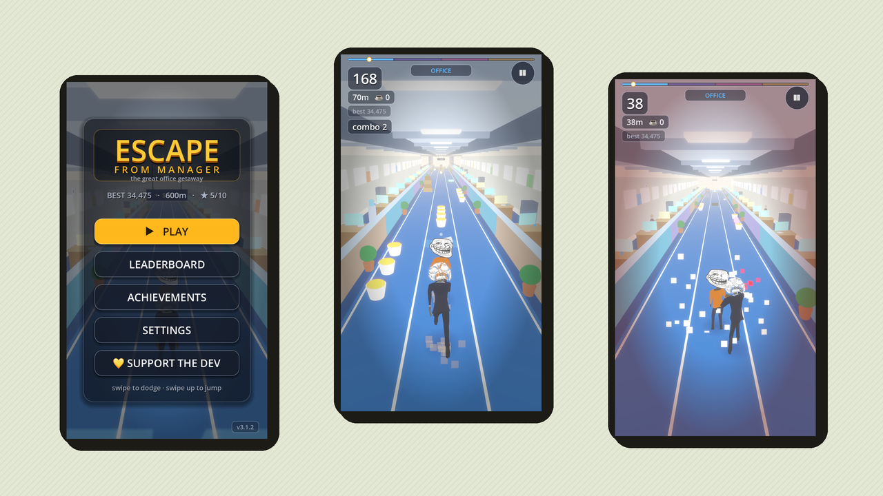 Escape From Manager — three-lane endless runner gameplay screens