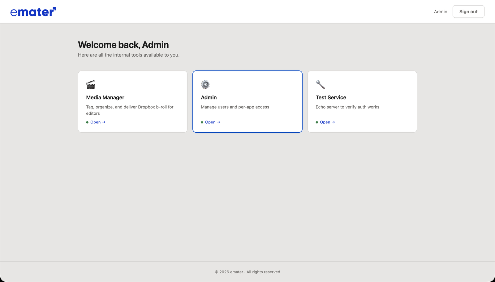 Team portal — single sign-on hub listing the internal tools