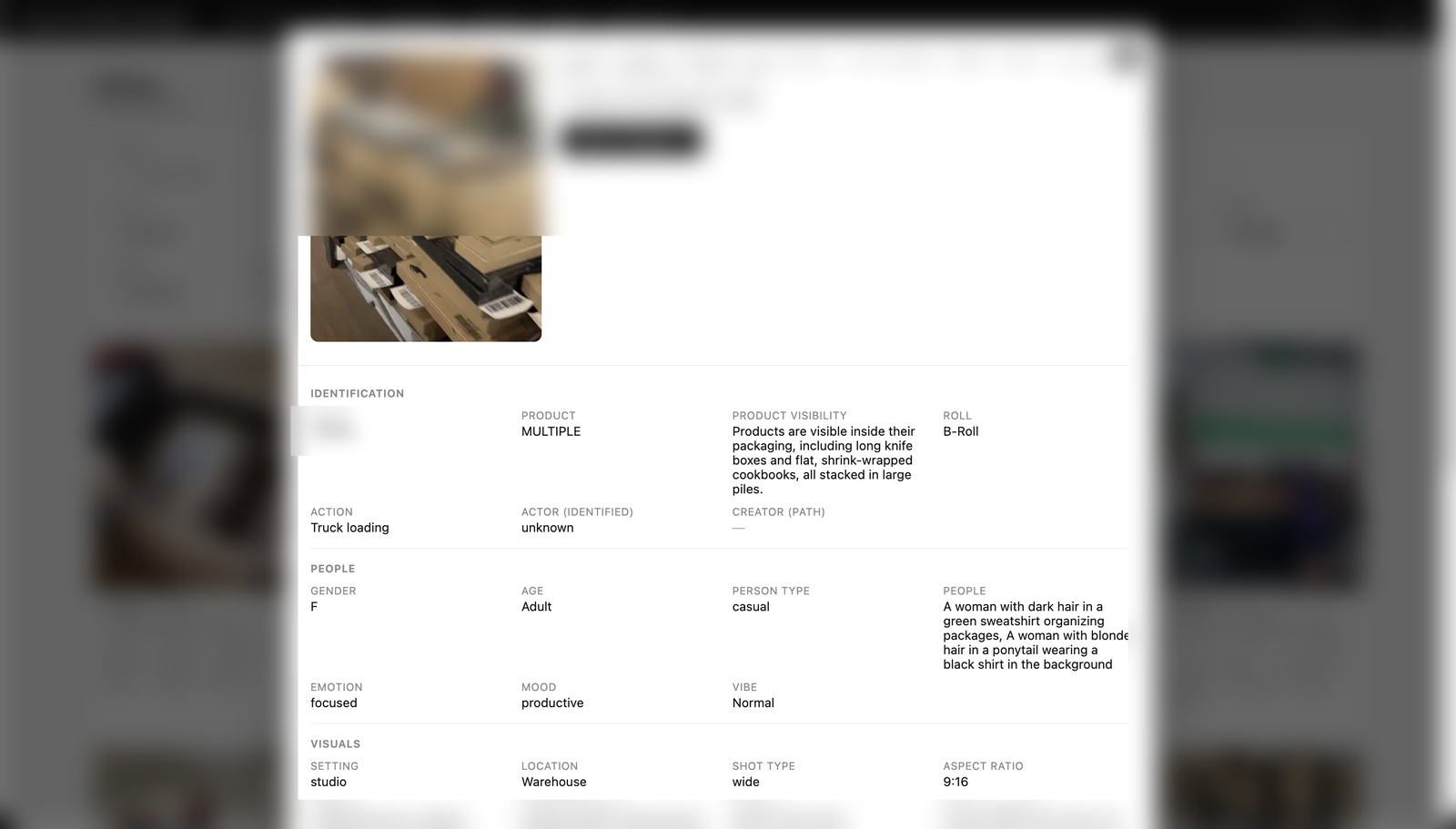 Clip detail — structured metadata record: identification, people, visuals