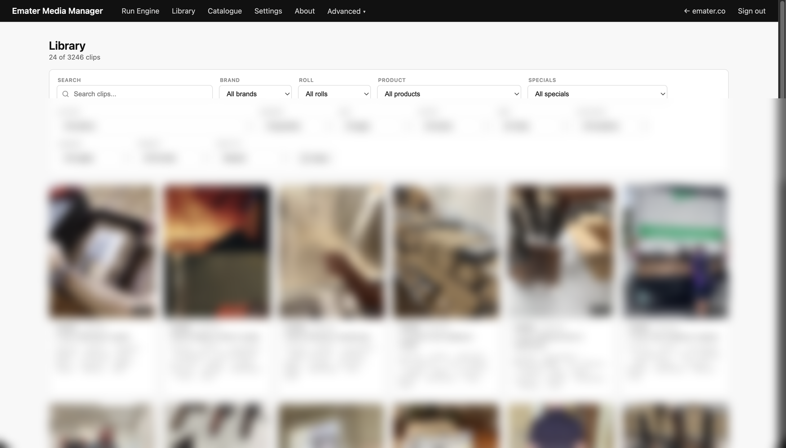 Media library — faceted search across thousands of tagged b-roll clips