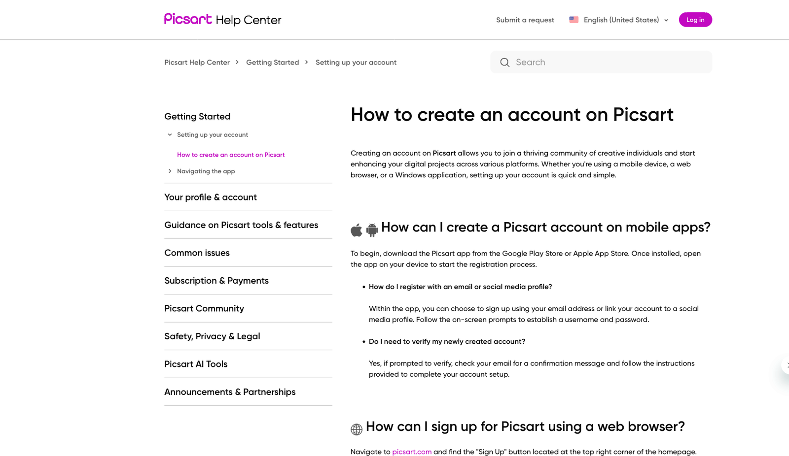 Picsart Help Center article — How to create an account, with category sidebar