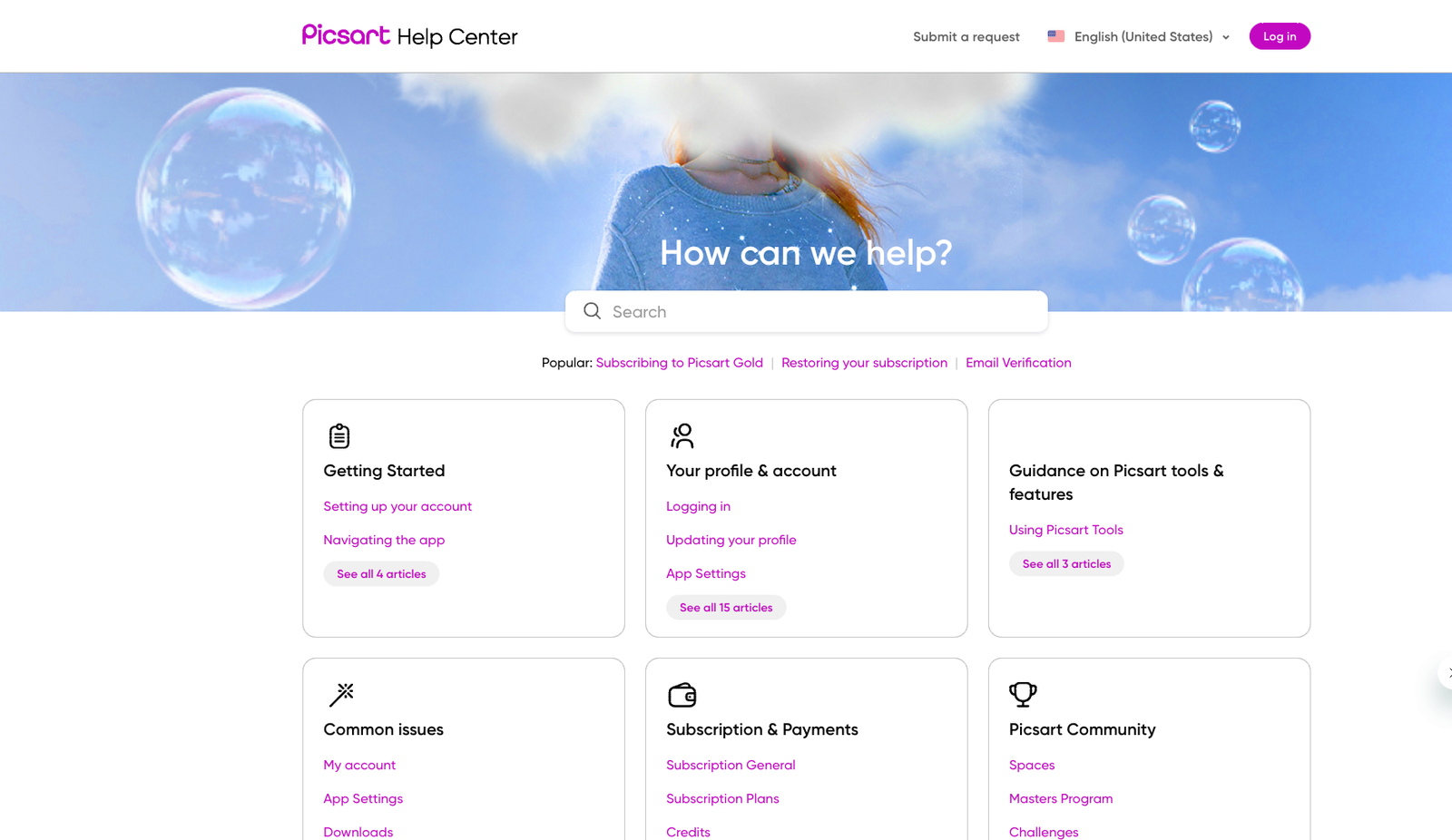 Picsart Help Center — How can we help? hero with browsable support categories