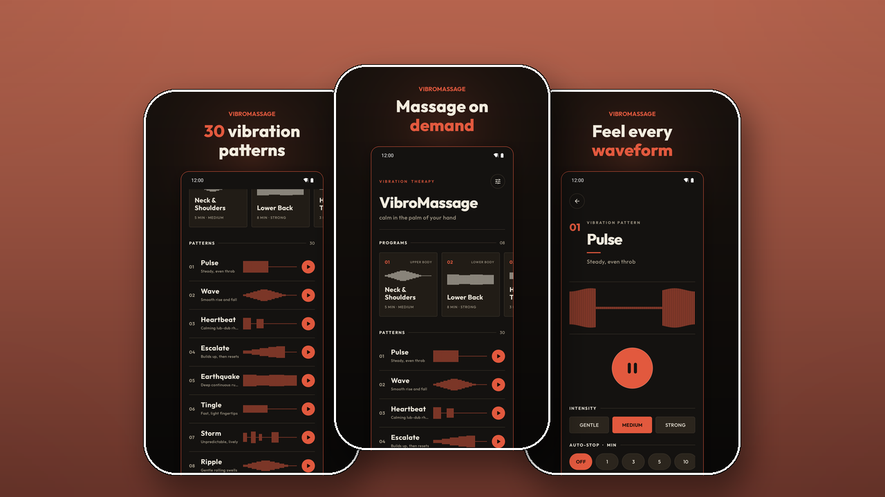 VibroMassage — vibration massage app, programs and pattern screens